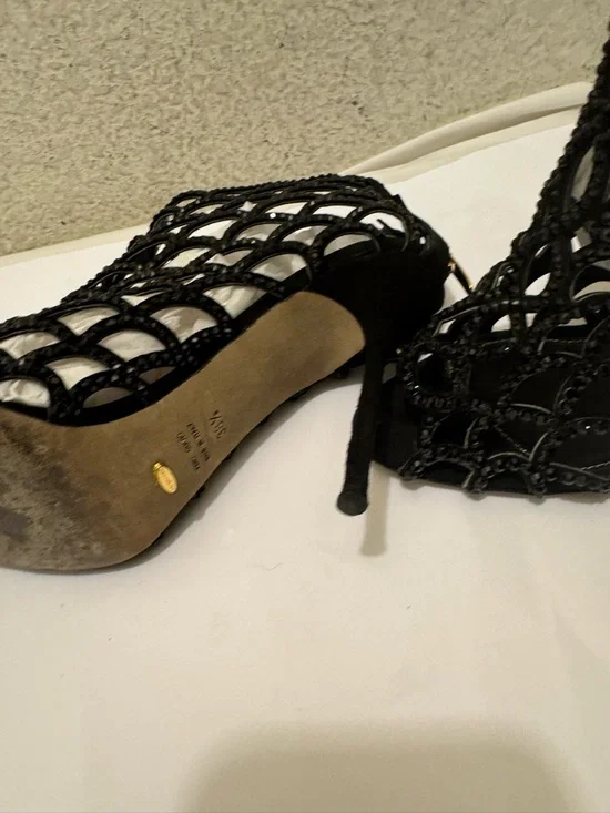 Sergio Rossi Black Scalloped crystal Laser-Cut Peep-Toe Stilettos size 38.5 - Picture 4 of 11